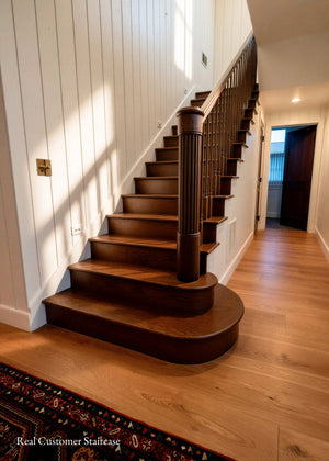 A modern wooden staircase with dark brown steps and a matching spindle rail handrail, set against white paneled walls on a light wood floor.