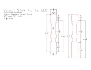 Technical drawing of stair parts with dimensions labeled, featuring Select Stair Parts LLC branding. sizes