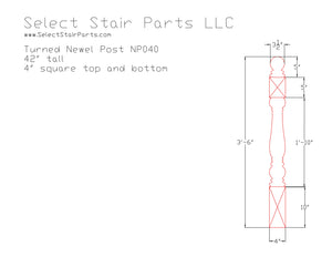 Technical drawing of a turned newel post with dimensions and Select Stair Parts LLC branding