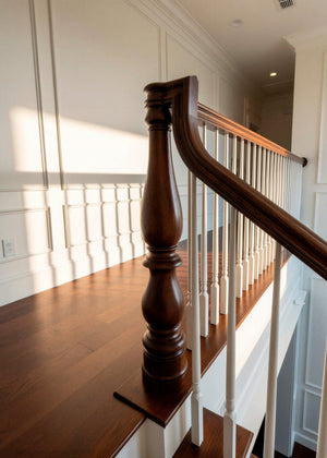 Wooden staircase with white balusters in a well-lit room. inspiration