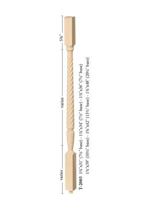 Twisted Square Top Baluster T-2005 - Twisted style dimensions