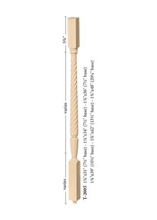 Twisted Square Top Baluster T-2005 - Twisted style dimensions