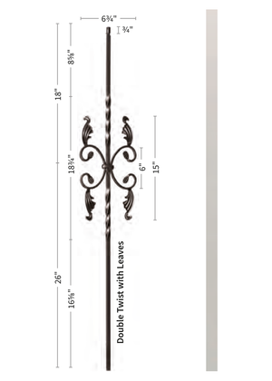 Iron Baluster Double Twist with Leaves 9005-TB - dimensions