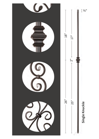 Iron Baluster Single Knuckle 9006-TB - dimensions