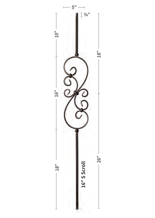 Iron Baluster 5 3/8"X16" S Scroll 9008-TB - dimensions