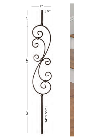 Iron Baluster 7"X24" S Scroll 9009-TB - dimensions