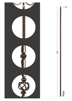 Iron Baluster Plain with Hammered Bar 9016-HG - dimensions