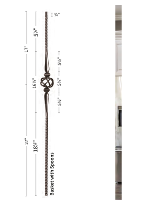 Iron Baluster Single Basket with Hammered Bar 9019-HG - dimensions