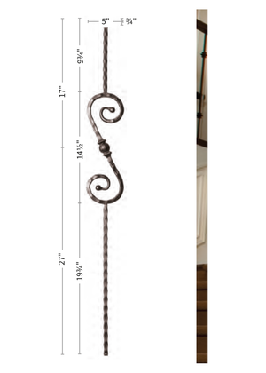 Iron Baluster 5" X 14.5" S Scroll and Ball w/ Hammered Face 9034-HF - dimensions