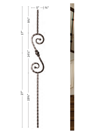 Iron Baluster 5" X 14.5" S Scroll and Ball w/ Hammered Face 9034-HF - dimensions