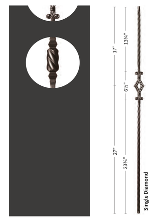 Iron Baluster Single Diamond with Hammered Face 9040-HF - dimensions