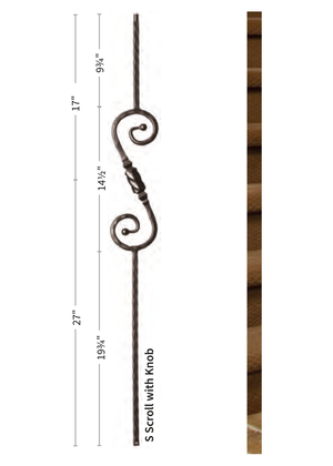 Iron Baluster 5" X 14.5" S Scroll and Knob with Hammered Face 9047-HF - dimensions