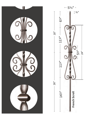 Iron Baluster 5 3/16" X 24" French Scroll 9055-SS - dimensions