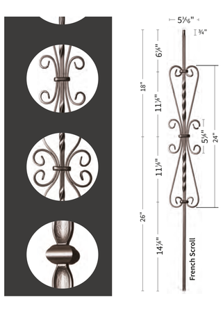 Iron Baluster 5 3/16" X 24" French Scroll 9055-SS - dimensions