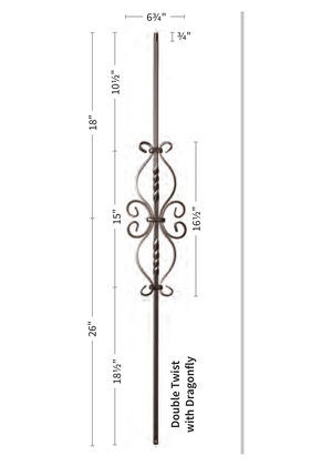 Iron Baluster 6 3/4" X 16 1/2" Double Twist & Dragonfly 9057-SS - dimensions