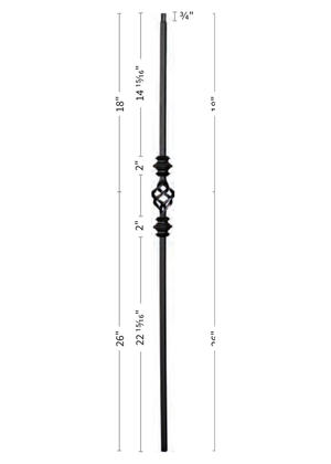 Iron Baluster Double Knuckle w/Single Basket 9077-TB - dimensions