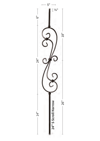 Iron Baluster 5 3/8"X24" S Scroll 9081-TB - dimensions