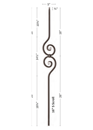 Iron Baluster 5" X 14.5" Spiral Scroll 9090-TB - dimensions