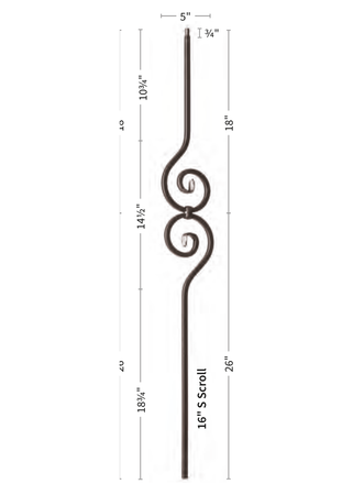 Iron Baluster 5" X 14.5" Spiral Scroll 9090-TB - dimensions
