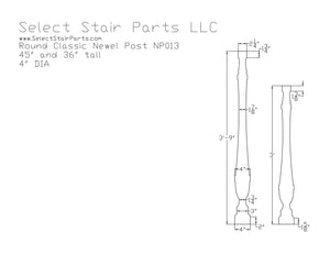 Technical drawing of a stair newel post with dimensions and Select Stair Parts LLC branding. sizes