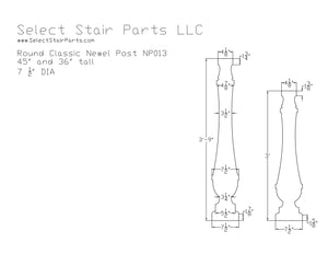 Technical drawing of a round classic newel post with dimensions and specifications from Select Stair Parts LLC.