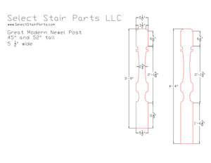 Technical drawing of a stair newel post with dimensions on a white background