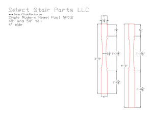 Technical drawing of a stair newel post with dimensions labeled, sourced from Select Stair Parts LLC. sizes
